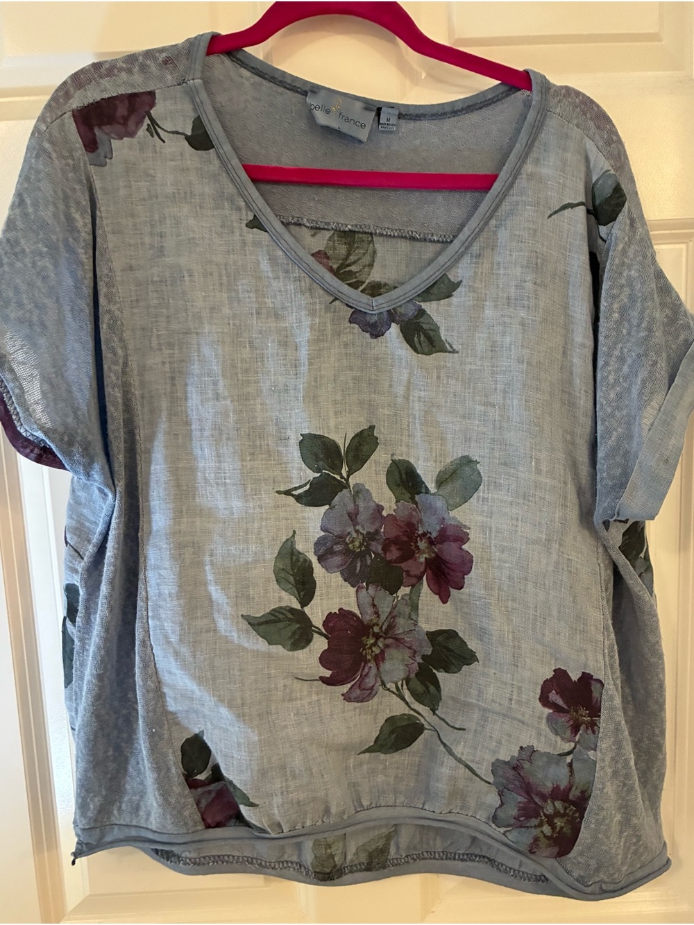Belle France Light Blue Floral V-Neck Women's Top Medium Oversized